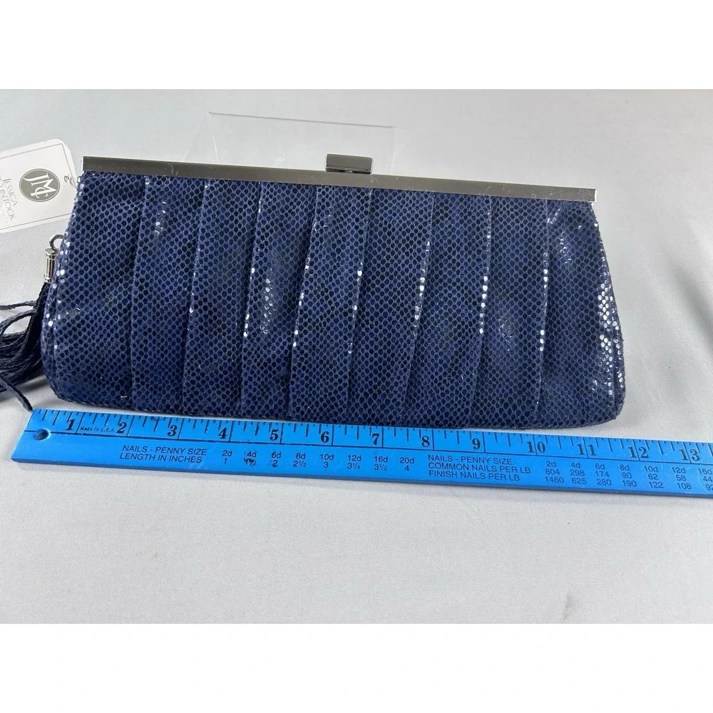 Jessica McClintock Blue Clutch Evening Bag Sequin‎ Pleated Frame Tassel NWT
